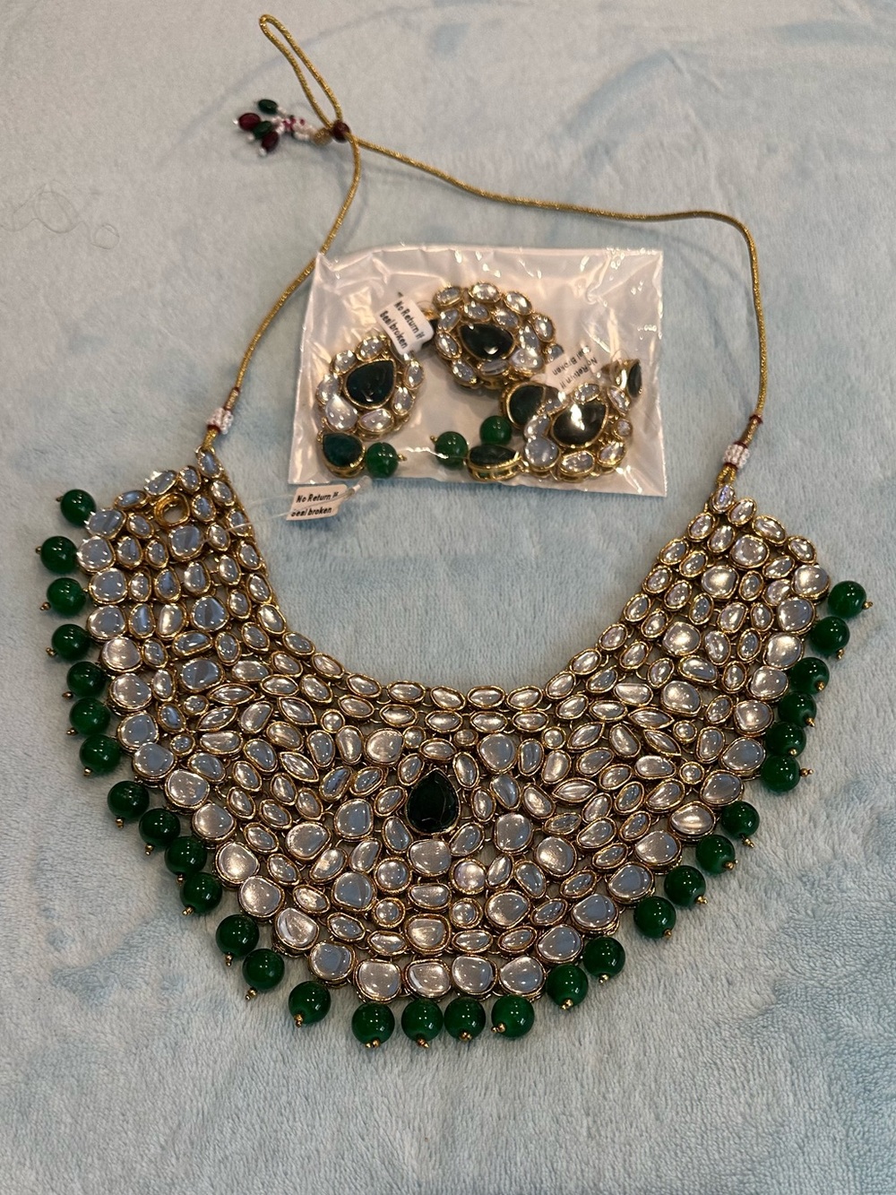 NWT Kundan Style Statement Necklace, Tikka & Earring Set with Green Bead Fringe